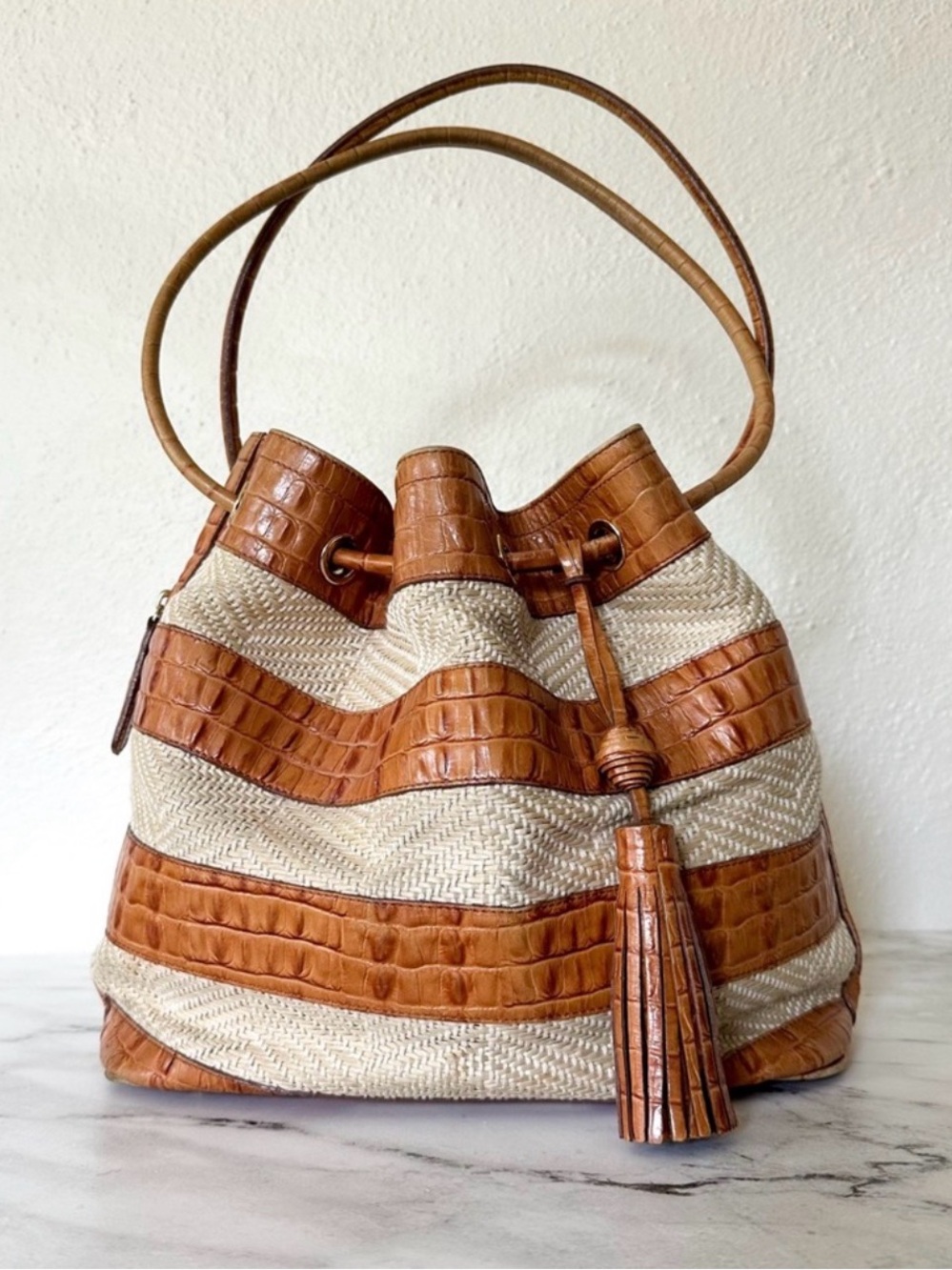 Brahmin Whiskey Croc Embossed Leather & Raffia Trina Bucket Tote Bag